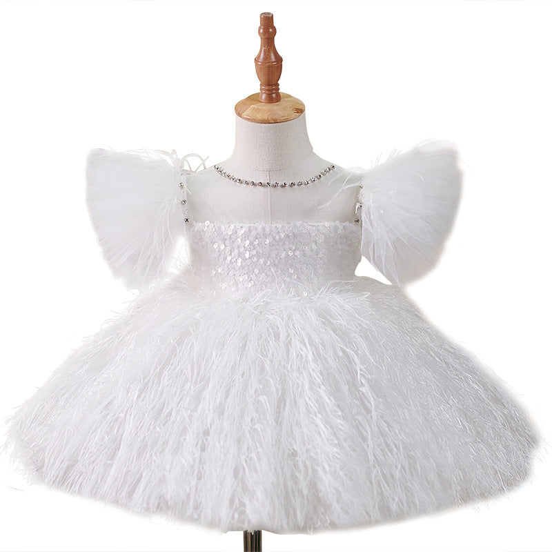 Girls Sequins White Flying Sleeves Feather Dress