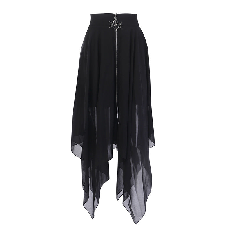 Zombie Cold Irregular Mesh Six-pointed Star Zipper Long Skirt