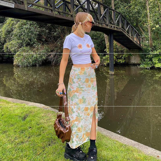 Ladies Fashion Print Low Zip Side Slit Skirt