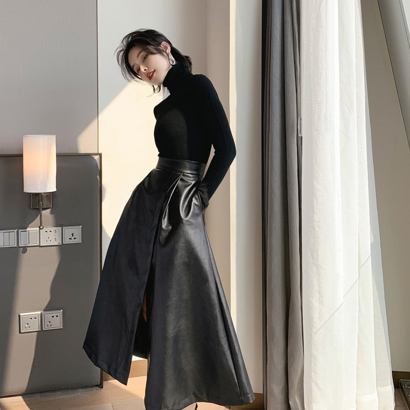 Black Mid-length Skirt With A High Waist And Slimming Hips