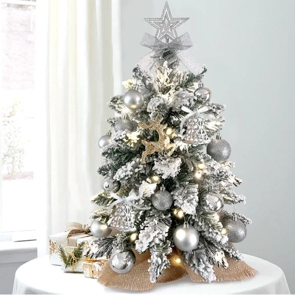 22in Mini Christmas Tree With Lights, Rose Gold Artificial Small Tabletop Christmas Tree With Flocked Snow, Exquisite Decor & Xmas Decorations For Table Top For Home & Office