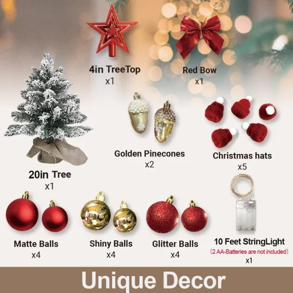 22in Mini Christmas Tree With Lights, Rose Gold Artificial Small Tabletop Christmas Tree With Flocked Snow, Exquisite Decor & Xmas Decorations For Table Top For Home & Office