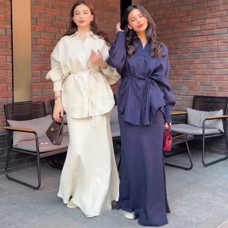 Women's Clothing Belt Waist-controlled Long Sleeves Denim Long Skirts Two-piece Set