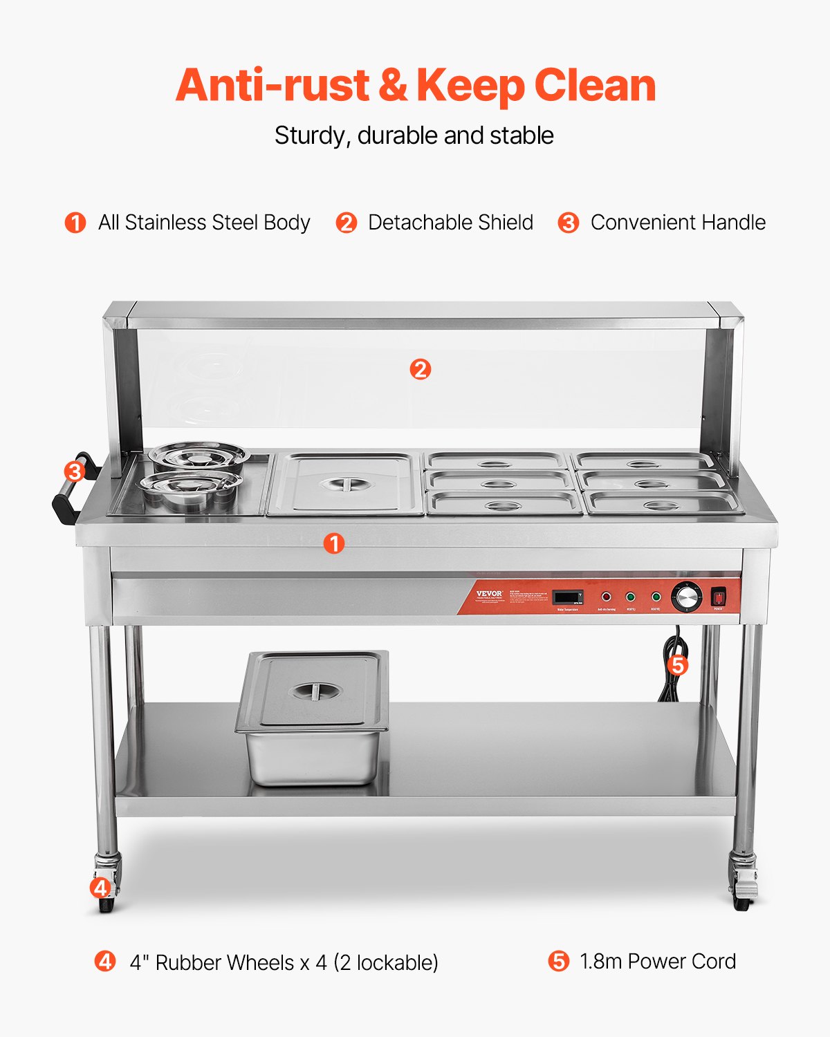 7 Pans + 2 Pots Commercial Food Warmer Steam Table With Undershelf Shield