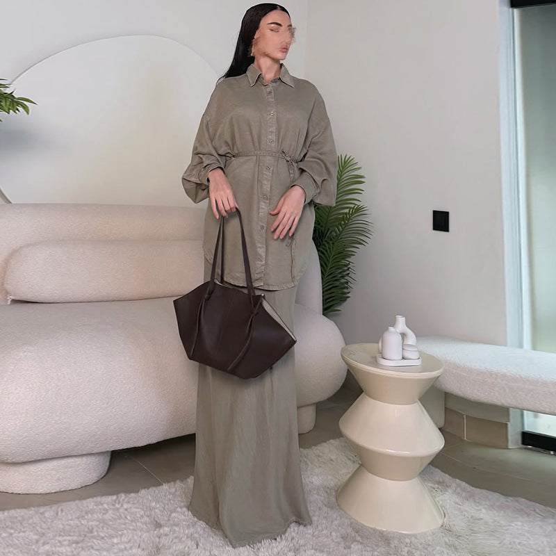 Women's Clothing Belt Waist-controlled Long Sleeves Denim Long Skirts Two-piece Set