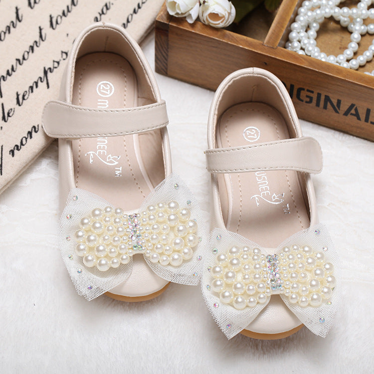 Princess Shoes Girls' Pearl Bow Leather Shoes Wedding Shoes