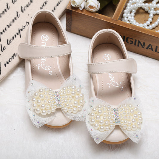 Princess Shoes Girls' Pearl Bow Leather Shoes Wedding Shoes