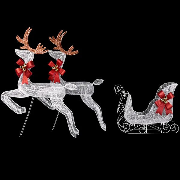 3-Piece Lighted Set Of 2 Reindeer & Sleigh, Weather Proof Christmas Outdoor Decorations With Pre-lit 270 LED White Lights And Stakes For Xmas Outdoor Holiday Indoor Decor Lighted Holiday Displays, Whi