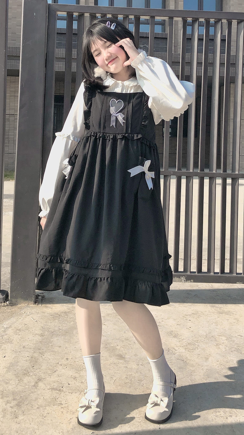 Solid Color Large Swing Hollow Heart Bow Vest Skirt Jsk