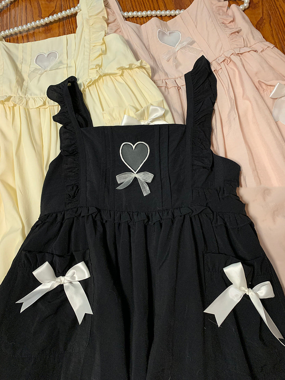 Solid Color Large Swing Hollow Heart Bow Vest Skirt Jsk