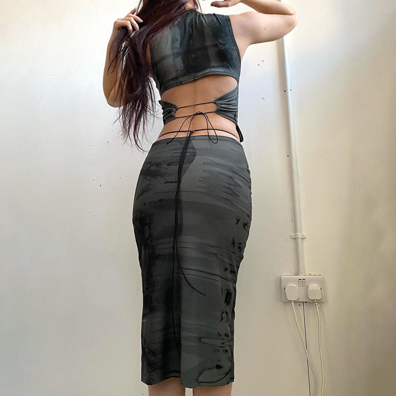 Women's Sleeveless Crew Neck Cutout Tank Top Mid Skirts